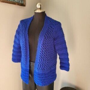 Crocheted Handcrafted Blue Cardigan Sweater Sz Large